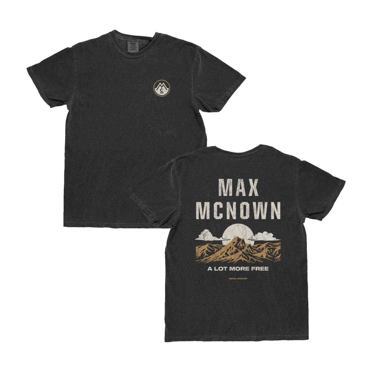 Black tee with front logo, back features mountain and sky landscape with text that reads "Max McNown"