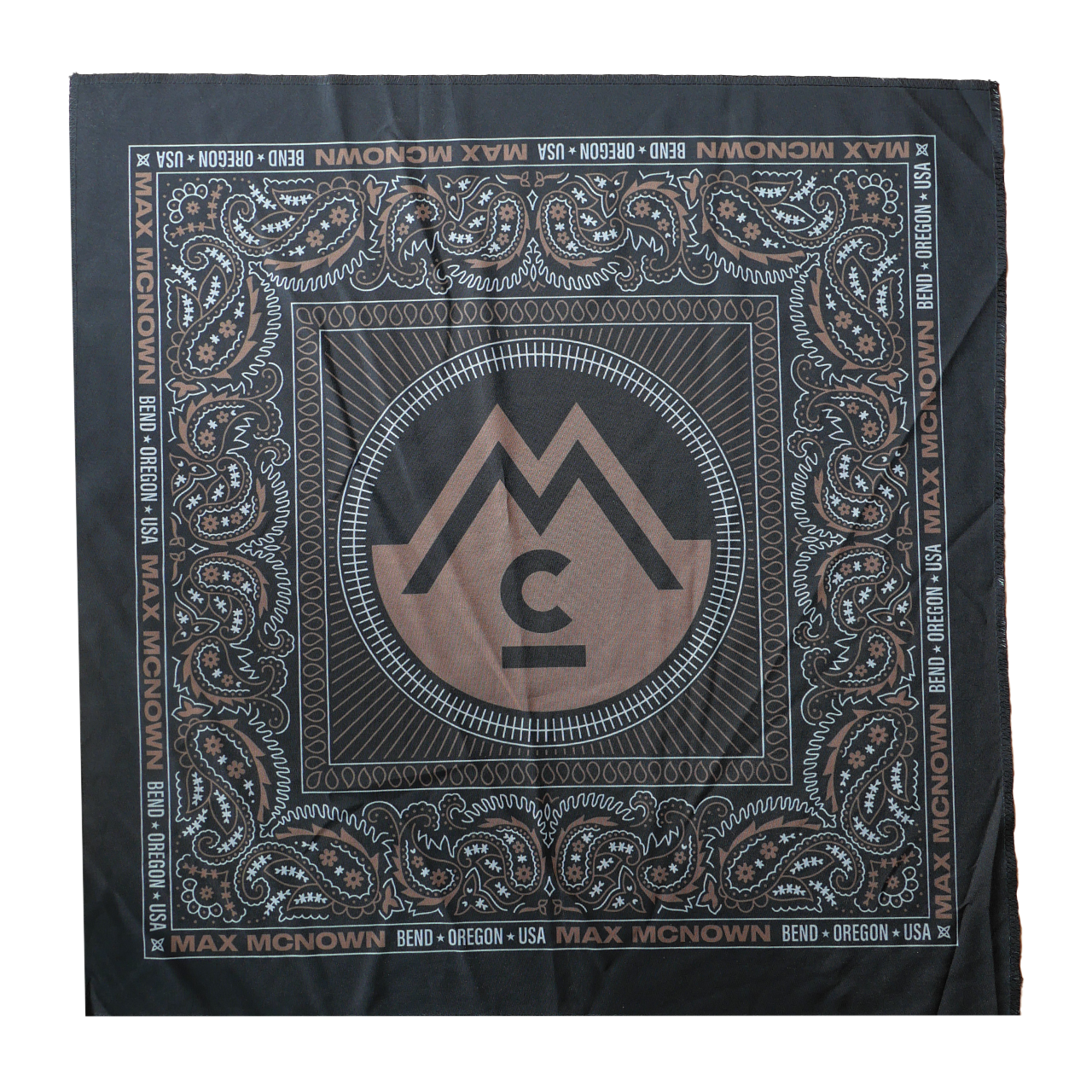 Black bandana with brown and white paisley design