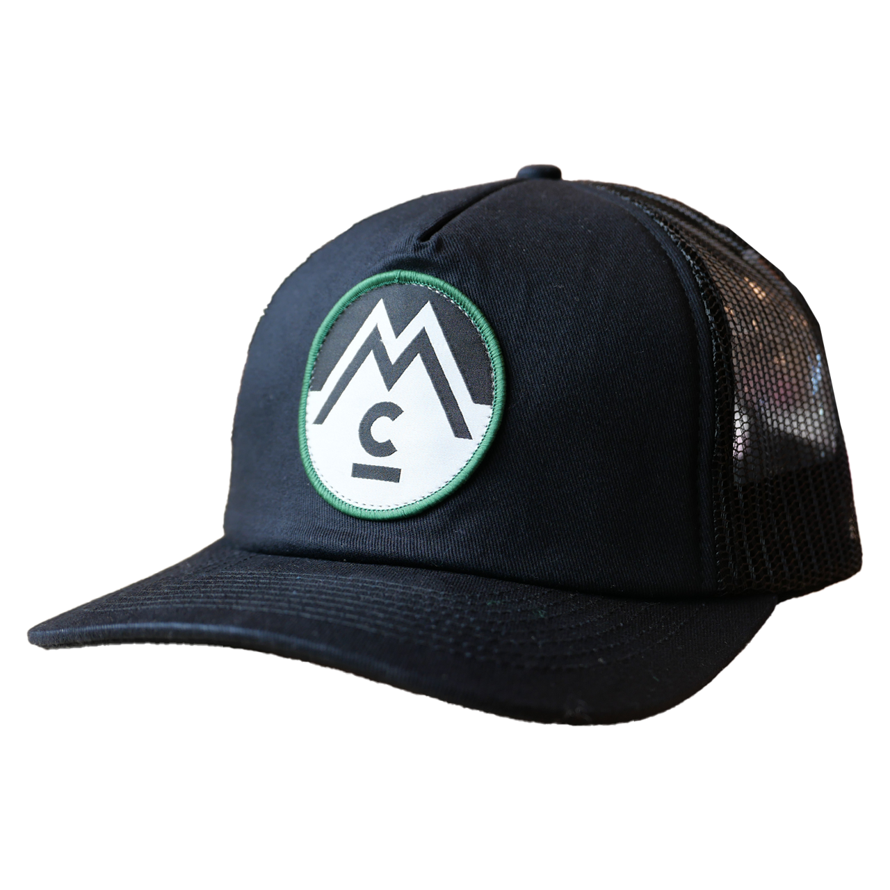 Black hat with black and green logo patch