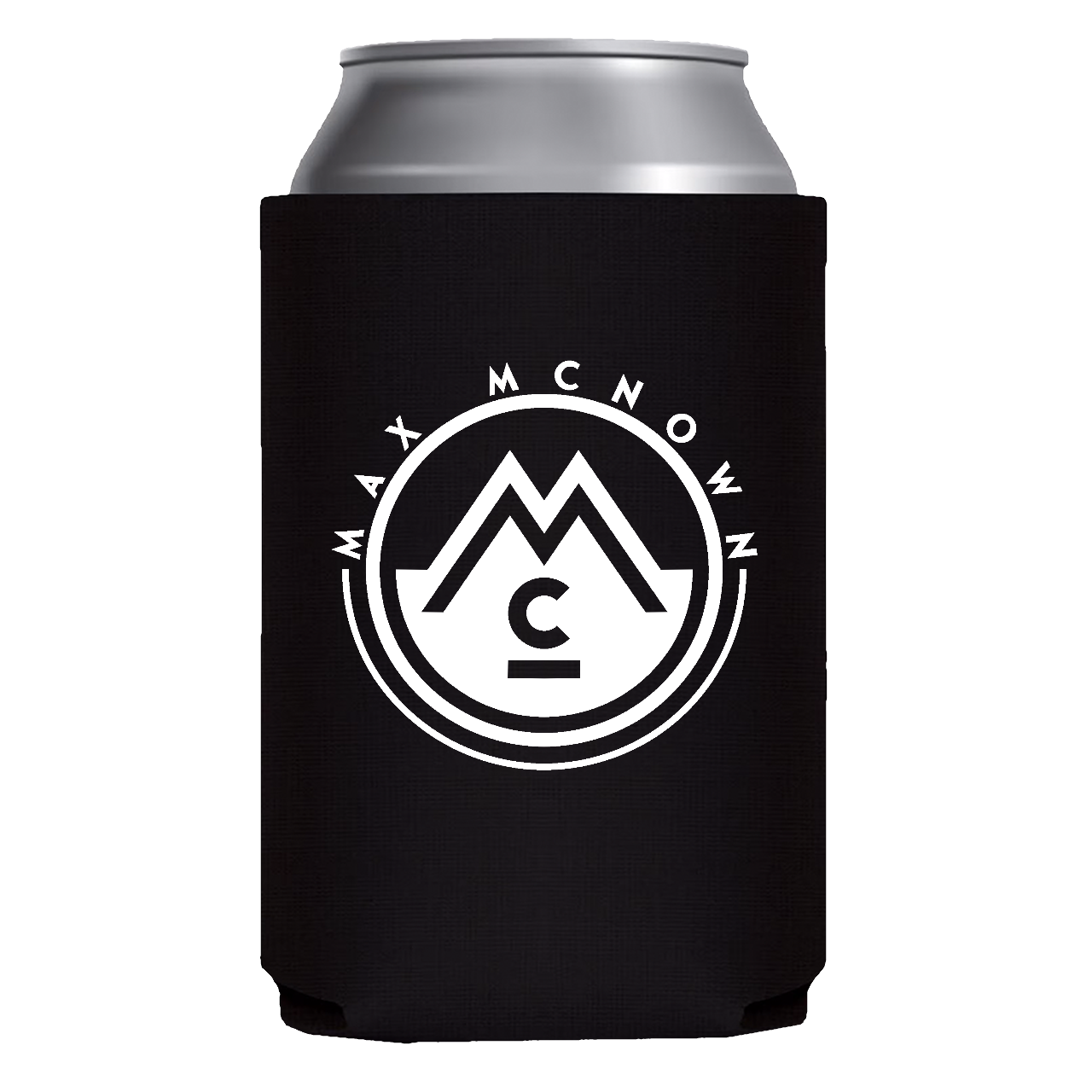Black koozie with white logo