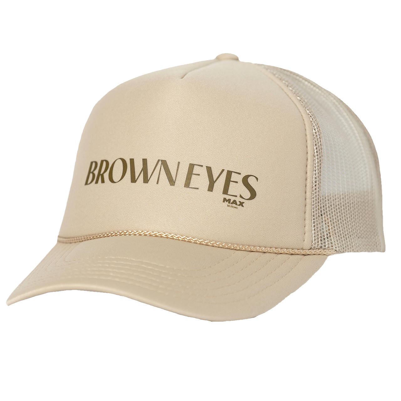 Beige hat with "Brown Eyes Max McNown" text