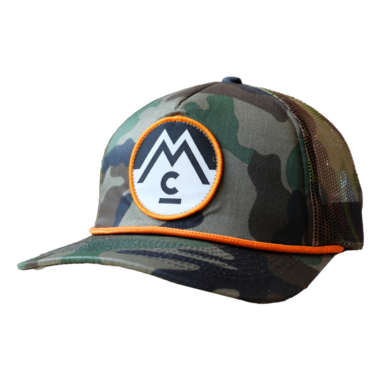 Camo hat with orange detail and patch