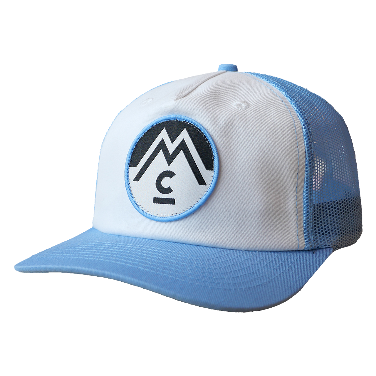 Blue and white hat with patch