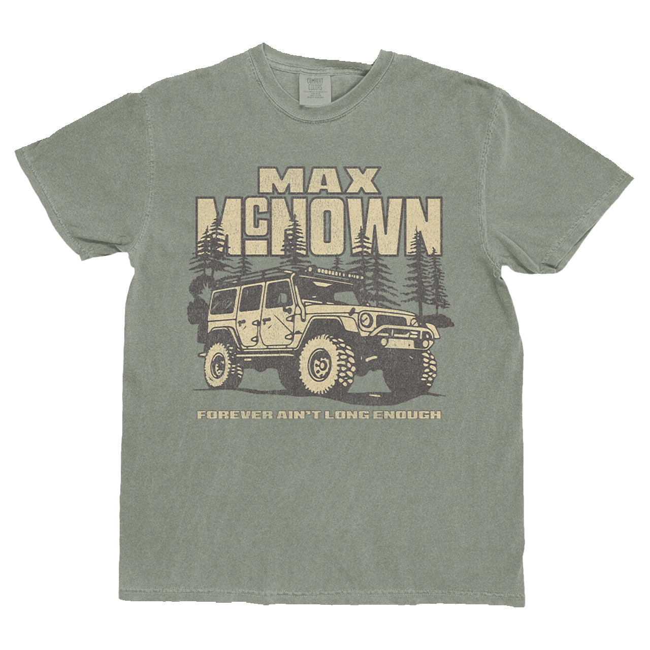 Green t-shirt with graphic of a Jeep and 'Max Meow' text on a white background