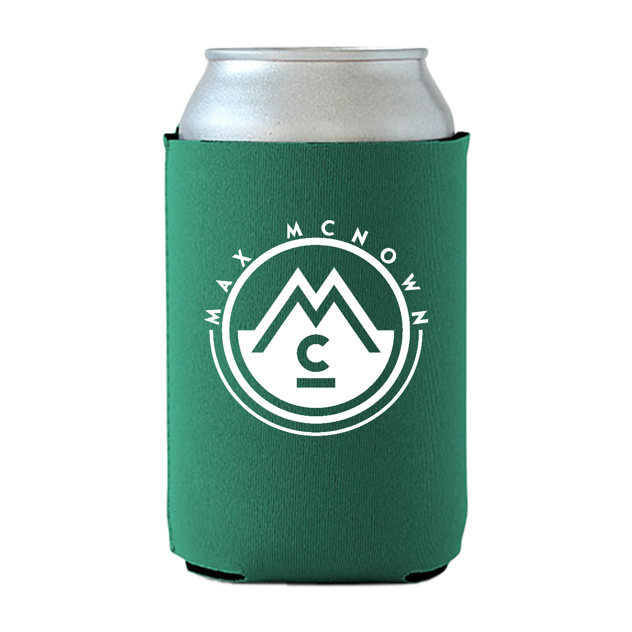 Green koozie with white logo