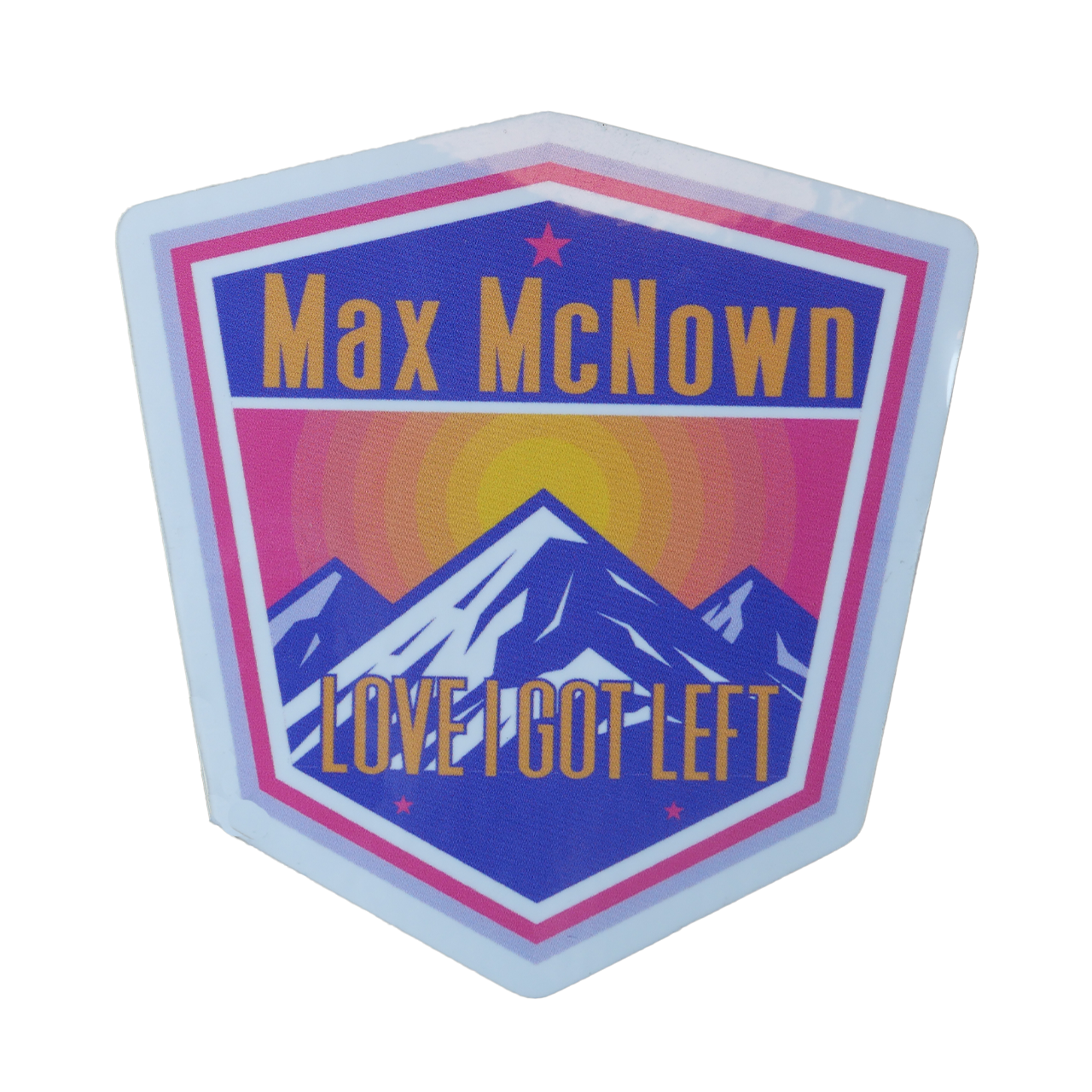 Shield sticker with mountain and sunset design