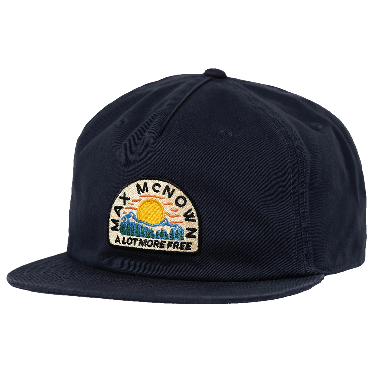 Navy hat with mountain, trees, and sun design