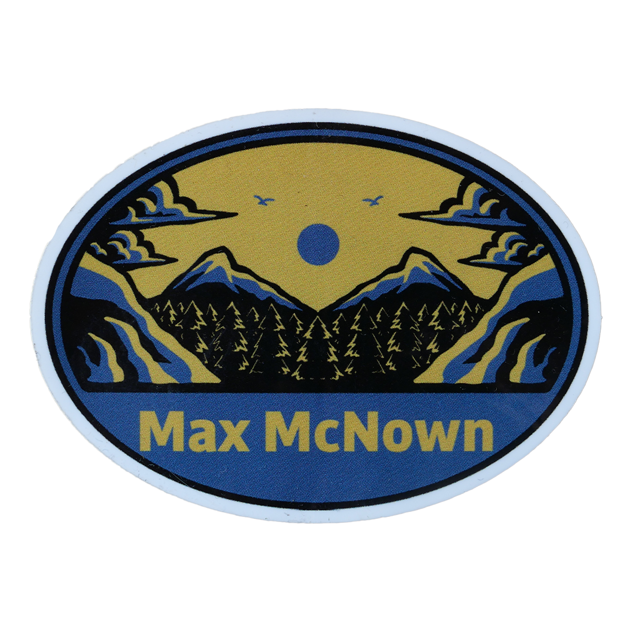 Oval sticker with mountain and sky design