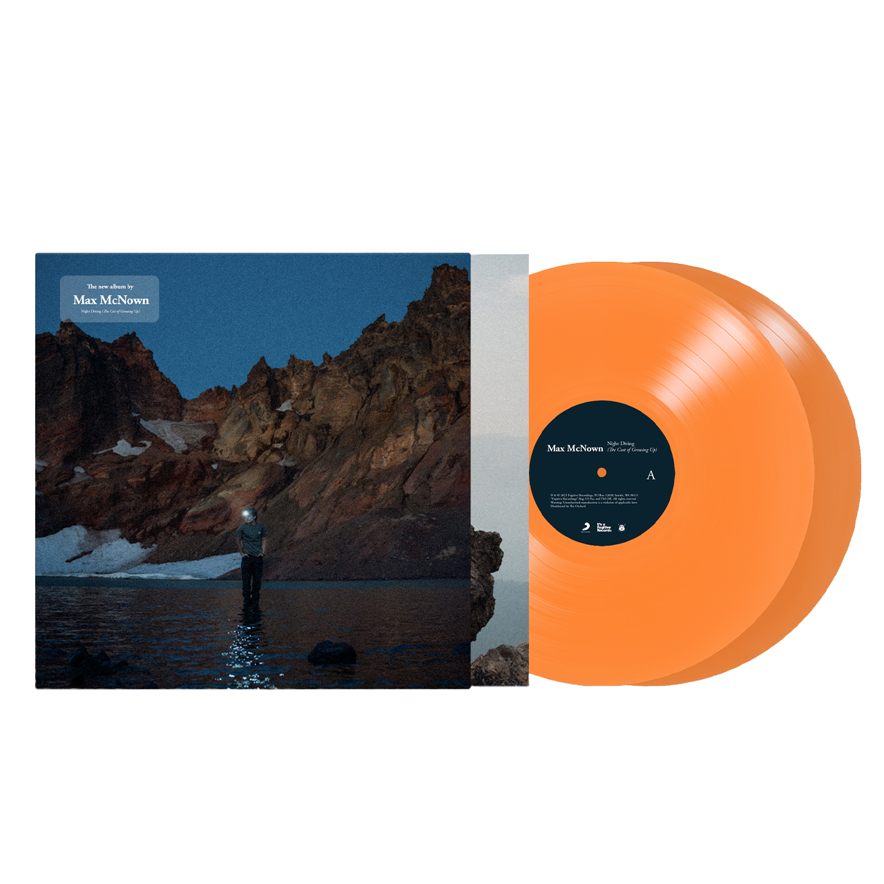 A vinyl record with an orange tint and a matching album cover featuring a landscape with mountains and water.