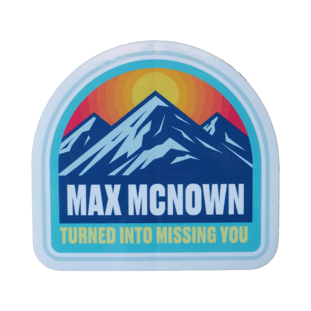 Semicircle sticker with mountains and sunset design