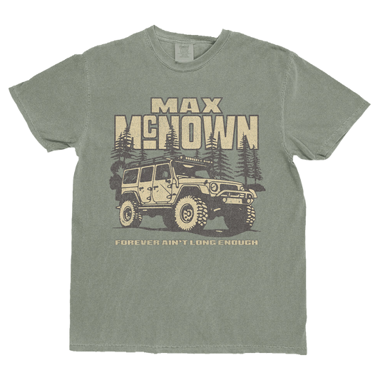 Green t-shirt with graphic of a Jeep and 'Max Meow' text on a white background