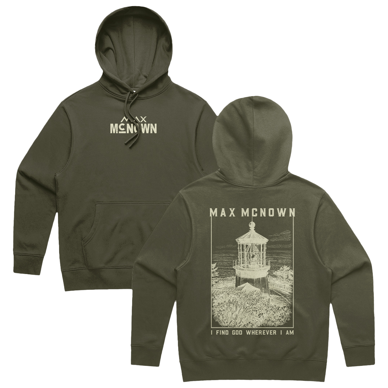 Green hoodie with 'Max Mcnown' branding on front and back design.
